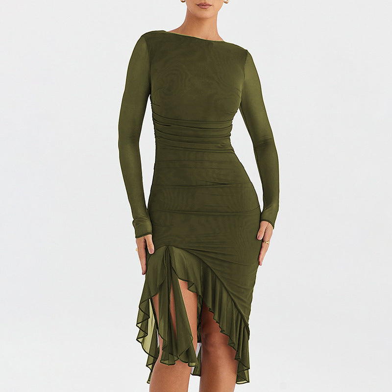Women's Backless Bodycon Dress - Long Sleeve Mesh Midi