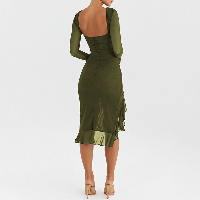 Women's Backless Bodycon Dress - Long Sleeve Mesh Midi