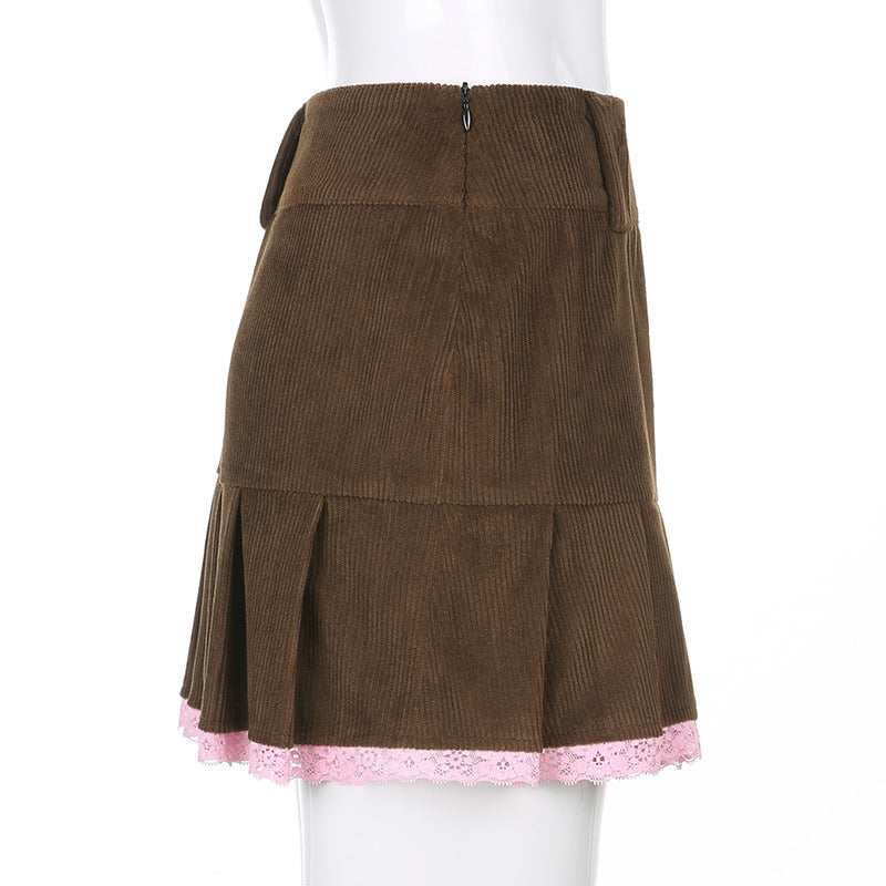 High Waisted Corduroy Pleated Mini Skirt with Delicate Lace Trim