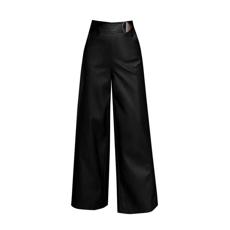 Women's Wide Leg Faux Leather Pants - Formal Trousers