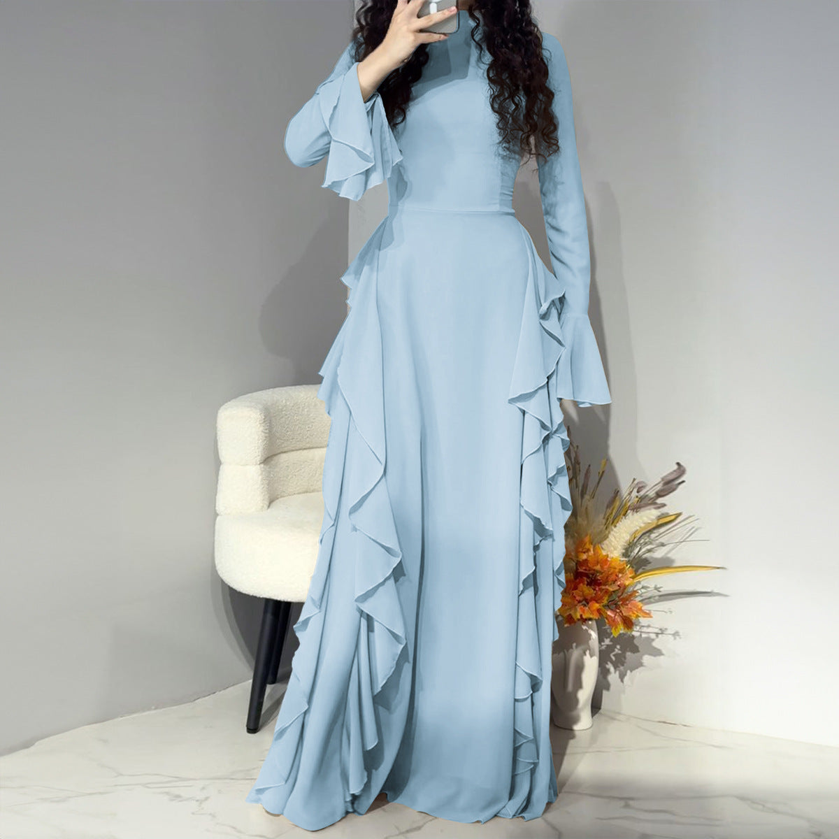 Women's Elegant Bell Sleeve Dress - Ruffle High Waist Gown