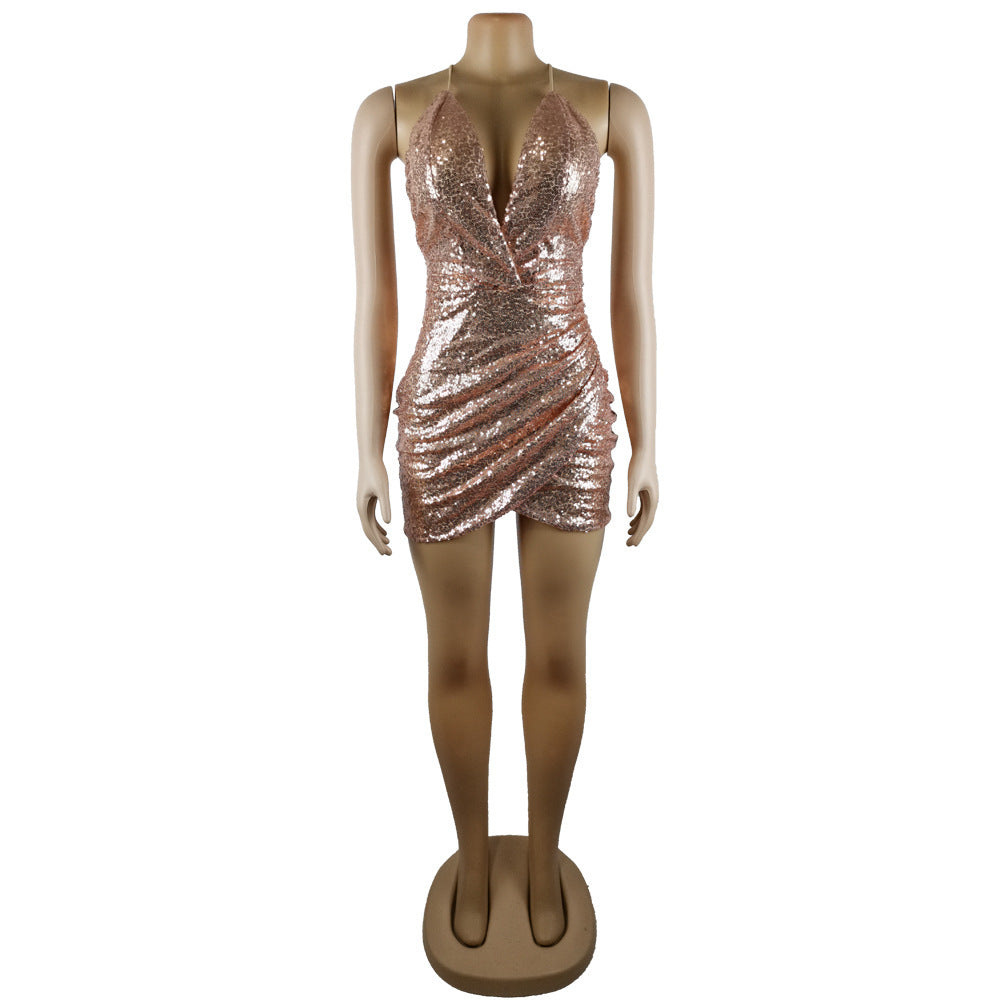 Dazzling Sequin Halter Mini Dress - Deep V Party & Evening Wear