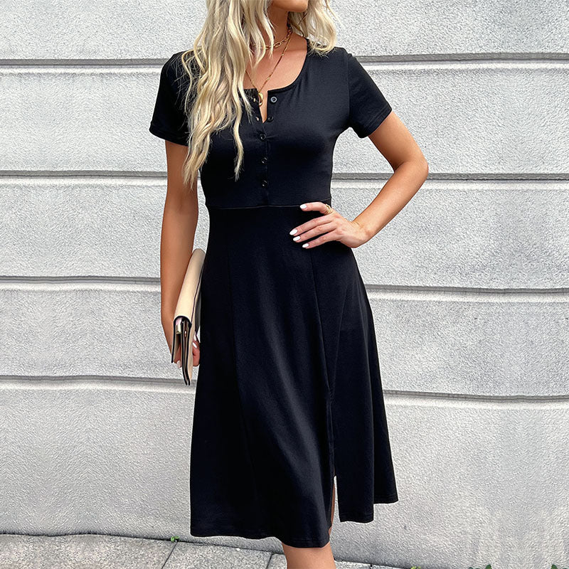 Chic Casual Button Front Short Sleeve Midi Dress with Side Slit