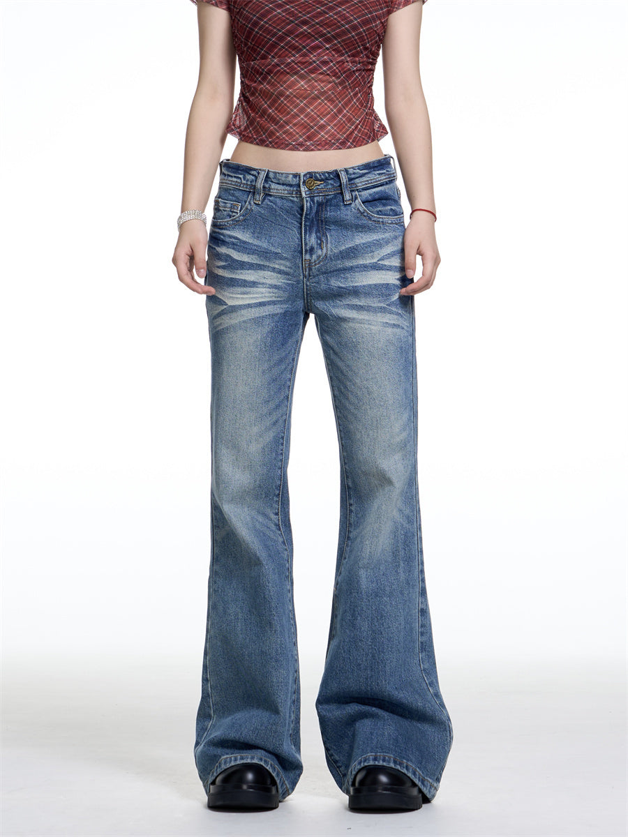Retro Washed Wide Leg Jeans - Low Rise Denim for Women
