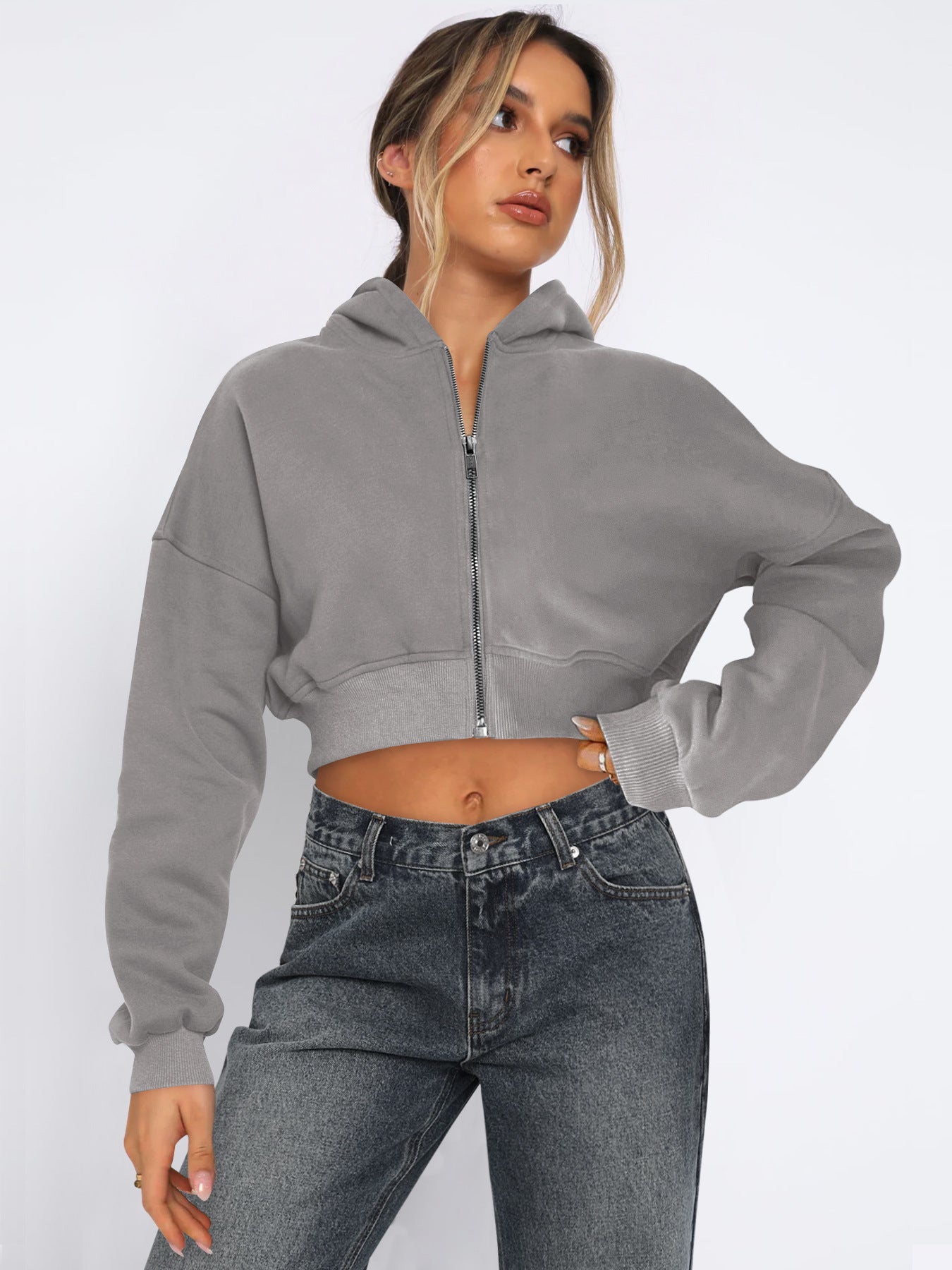 Cozy Fleece Cropped Zip Up Hoodie for Everyday Comfort