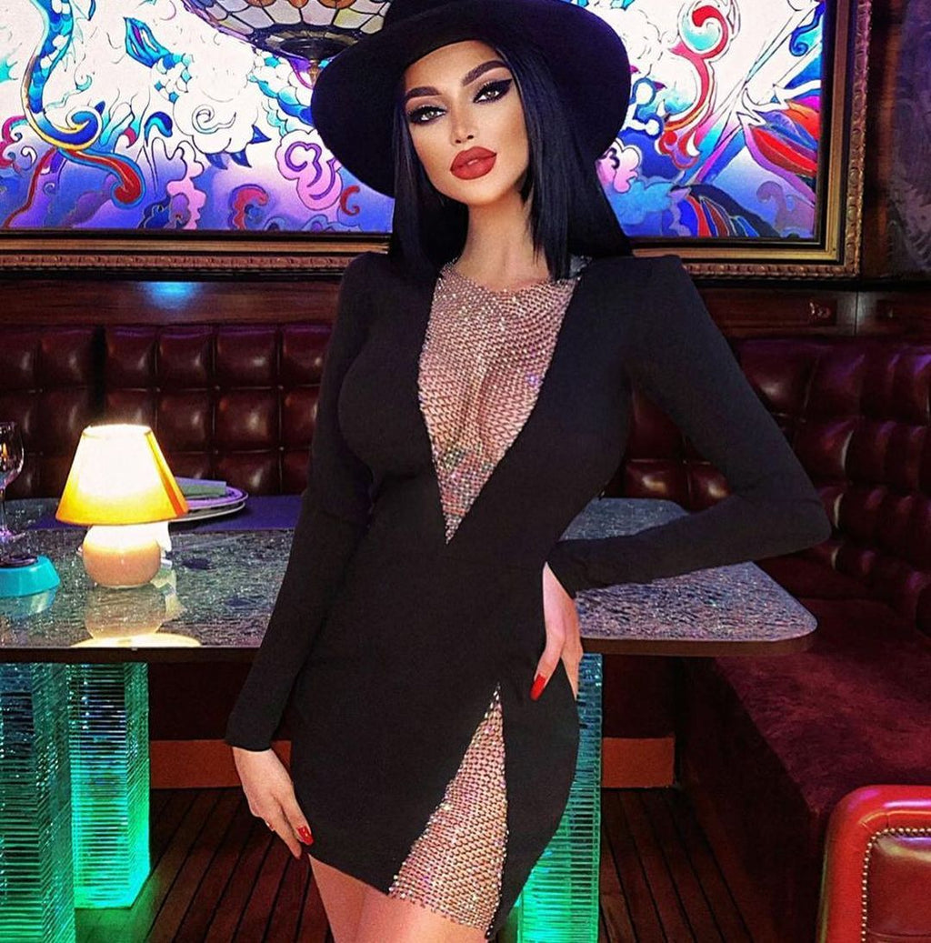 Sleek Black Long Sleeve Party Mini Dress with Dazzling Mesh Detail