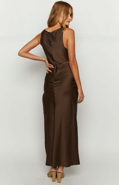 Elegant Satin Lace Maxi Dress - V-Neck Split Slip