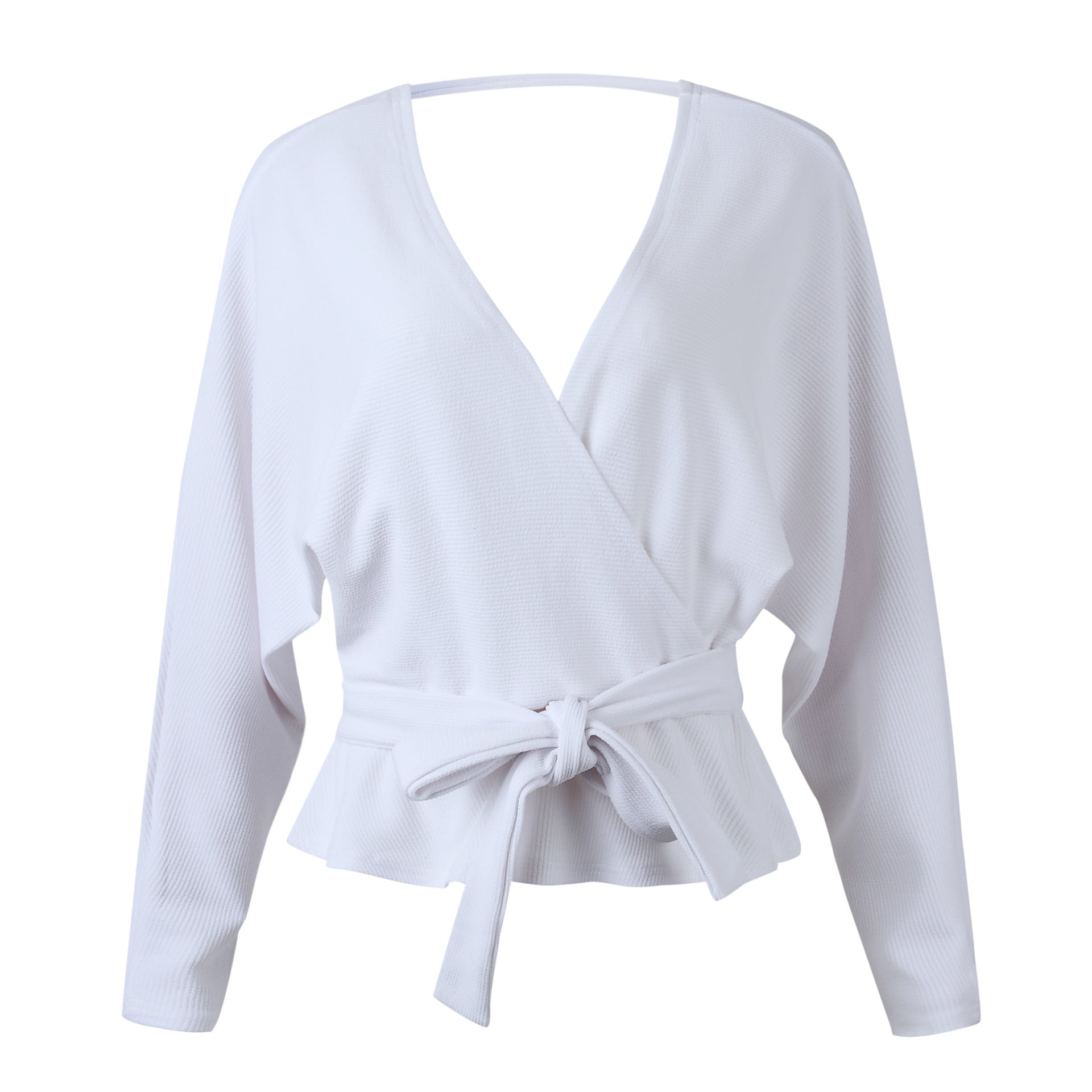 Elegant V-Neck Crossover Knit Wrap Top with Tie Waist