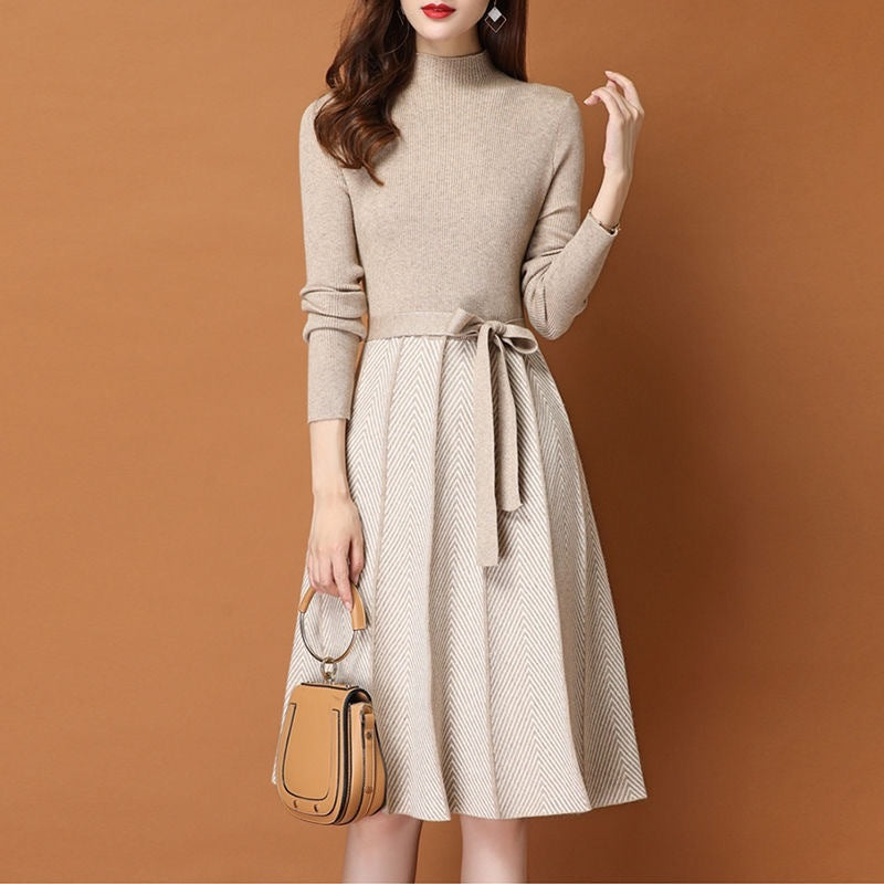 Elegant Mock Neck Knit Dress with Pleated Midi Skirt and Tie Waist