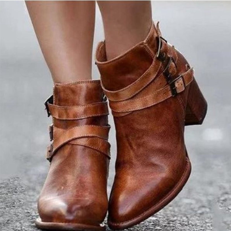 Chic Boho Buckle Block Heel Ankle Boots