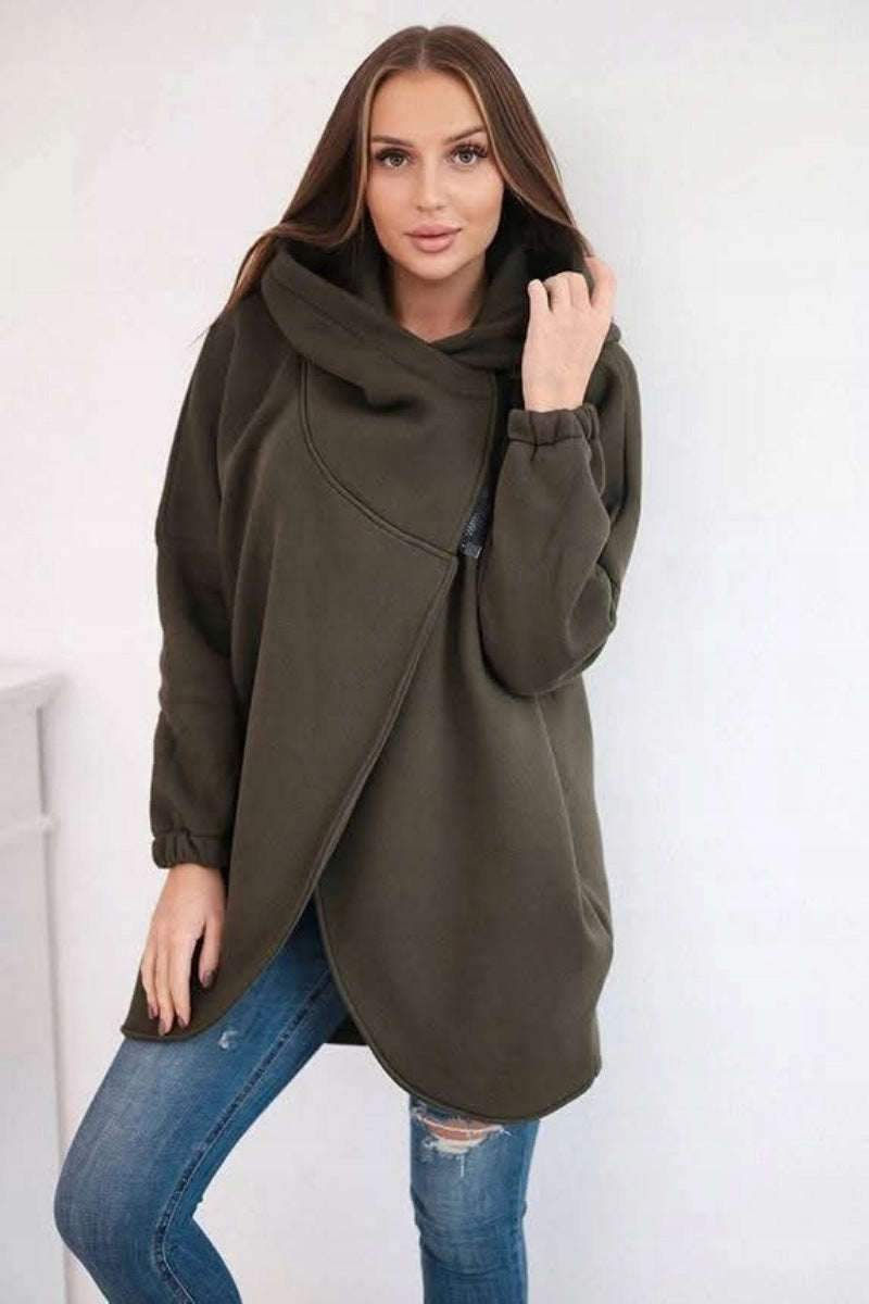 Cozy Fleece Asymmetrical Zip Hooded Casual Sweatshirt Jacket