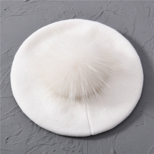 Women's Wool Beret with Real Raccoon Fur Pom Pom