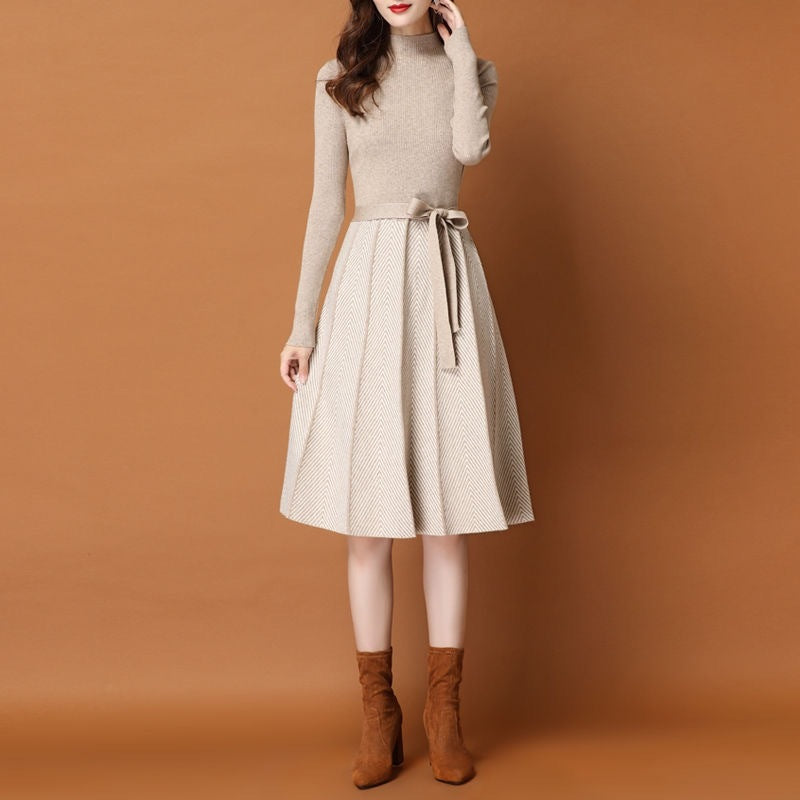 Elegant Mock Neck Knit Dress with Pleated Midi Skirt and Tie Waist