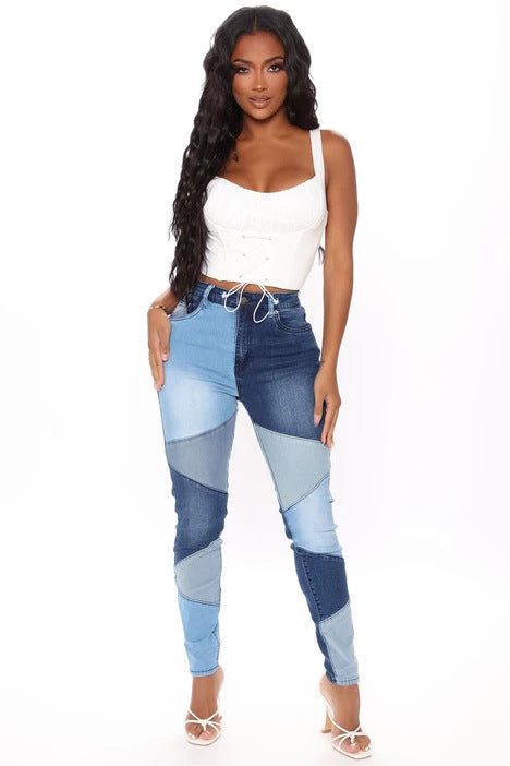 Trendy Patchwork High-Waist Skinny Jeans