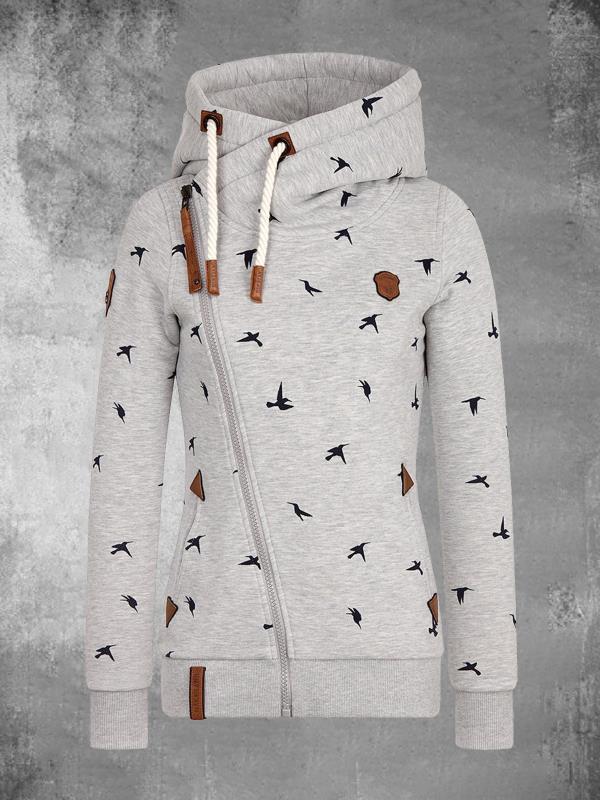 Chic Bird Digital Print Hooded Asymmetrical Zipper Cardigan Jacket with Pockets