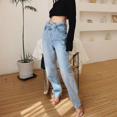 Retro Asymmetric Waist Straight Leg Jeans - Modern Street Style Denim