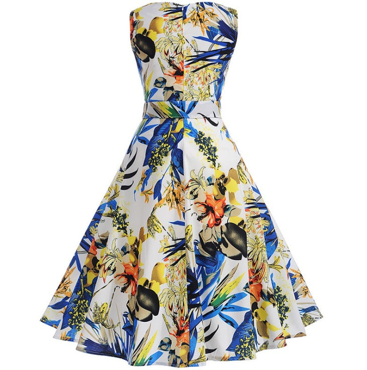 Vibrant Floral Print Sleeveless Belted A-Line Midi Dress for Summer