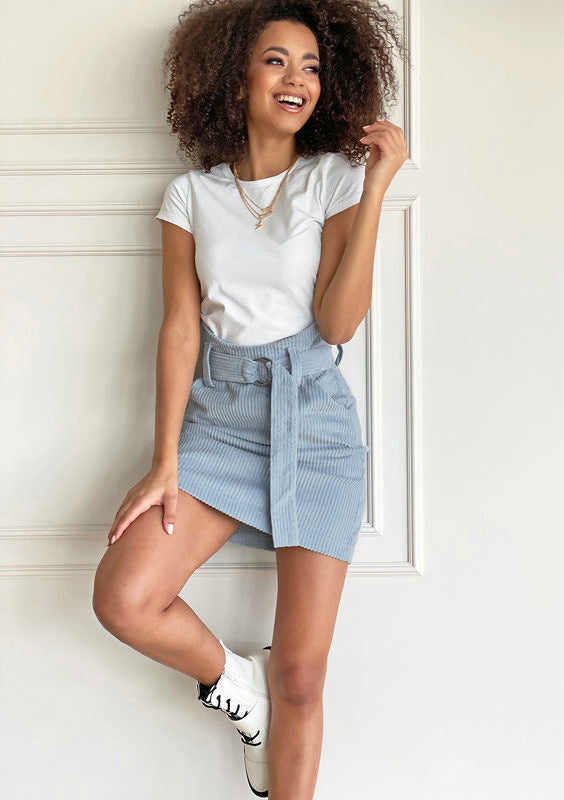 Chic High Waisted Corduroy A Line Mini Skirt with D Ring Belt and Pockets