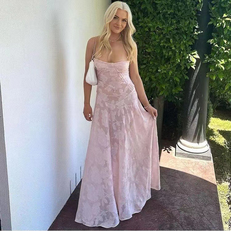 Elegant Floral Lace Maxi Dress with Suspender & Tie-Back Detail