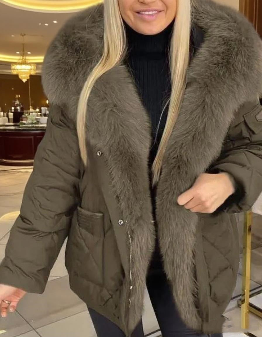 Cozy Mid Length Puffer Jacket with Plush Faux Fur Hood Winter Outerwear