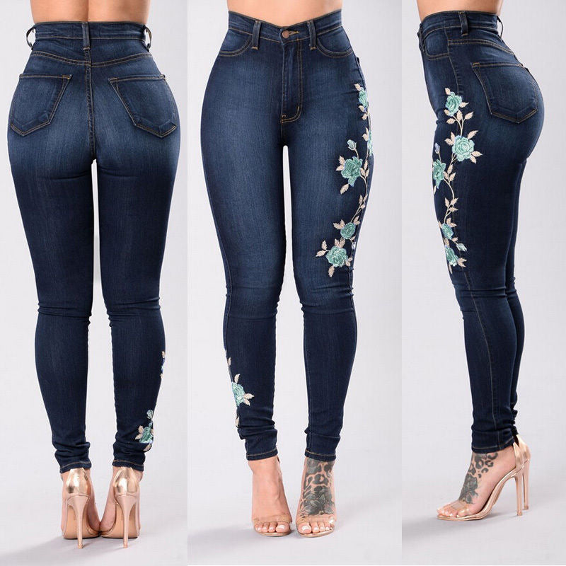 Chic Floral Embroidered High-Waist Skinny Jeans