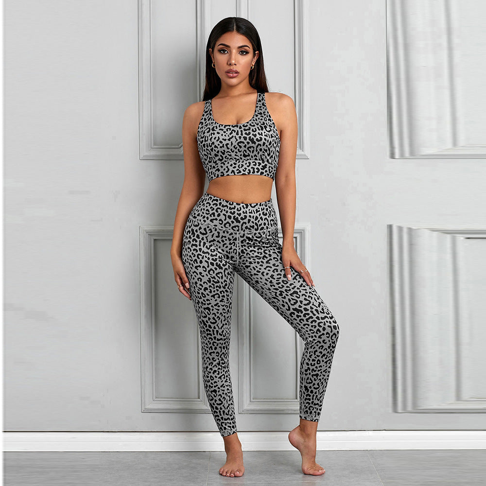 Chic Leopard Print Activewear Set with Racerback Crop Top and Supportive High Waist Leggings