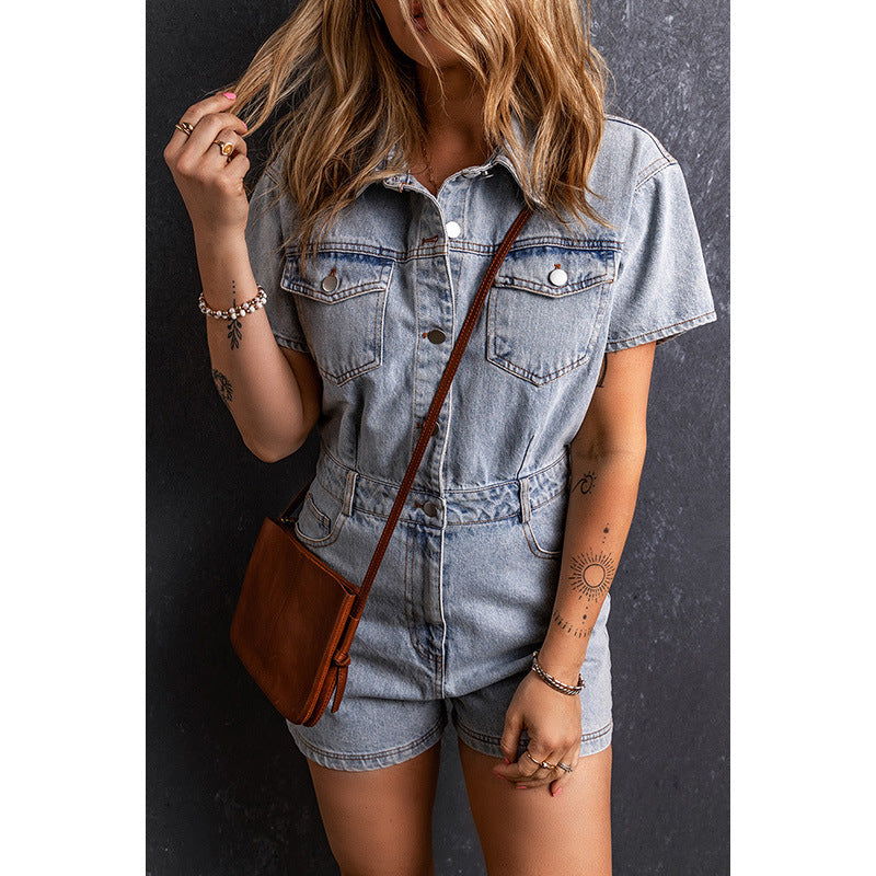 Retro Washed Denim Short Sleeve Romper Jumpsuit Casual One Piece for Women