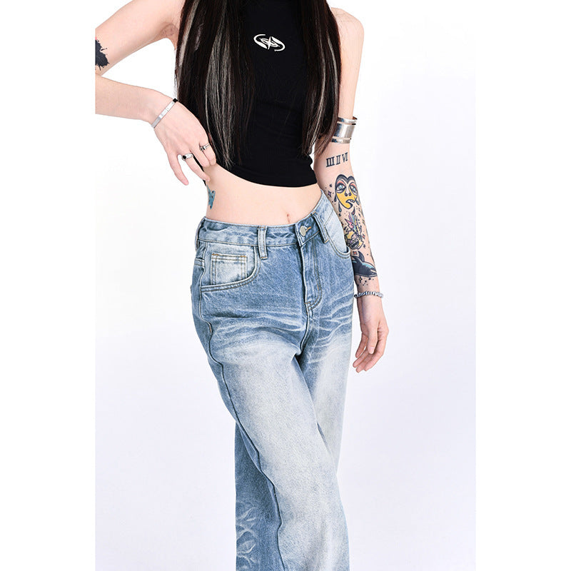 Washed-Out Denim Wide-Leg Jeans - Loose Fit Y2K Style