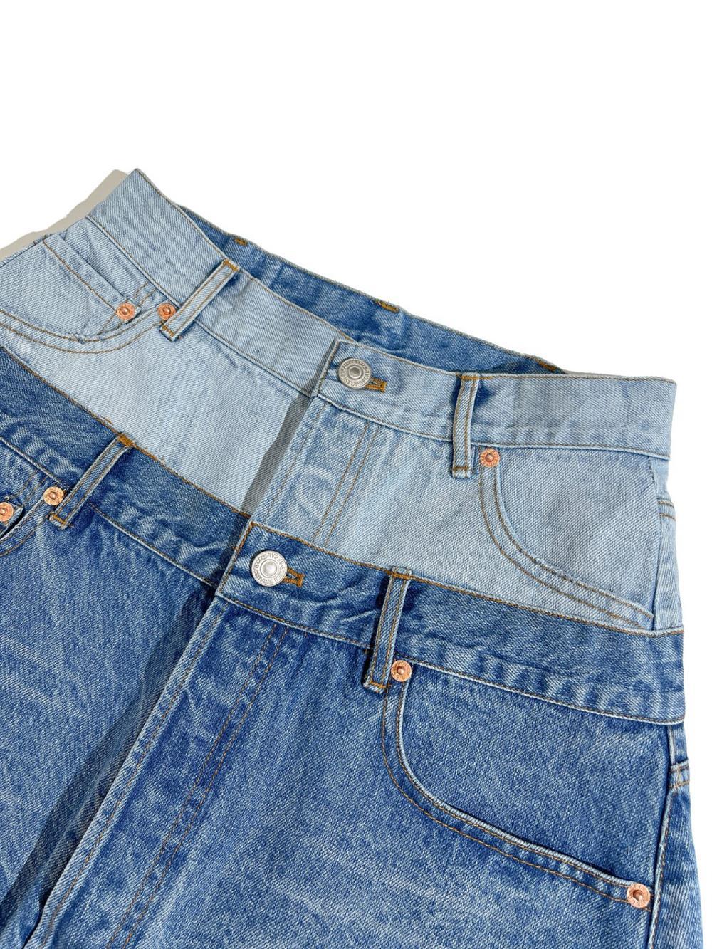 Fashionable Two Tone Denim Spliced Mini Skirt with Raw Hem
