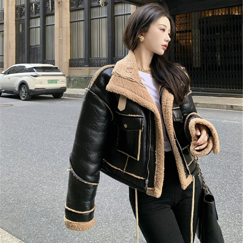 Chic Faux Leather Aviator Jacket with Warm Sherpa Lining and Buckle Details