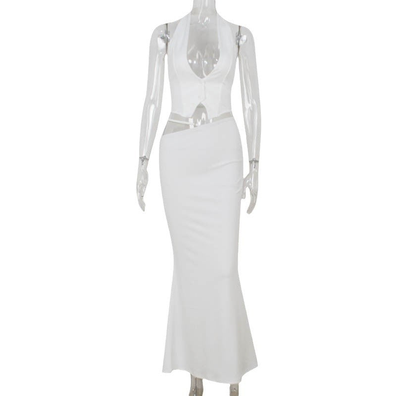 Women's Halter Top & Skirt Set - Backless Fishtail Suit