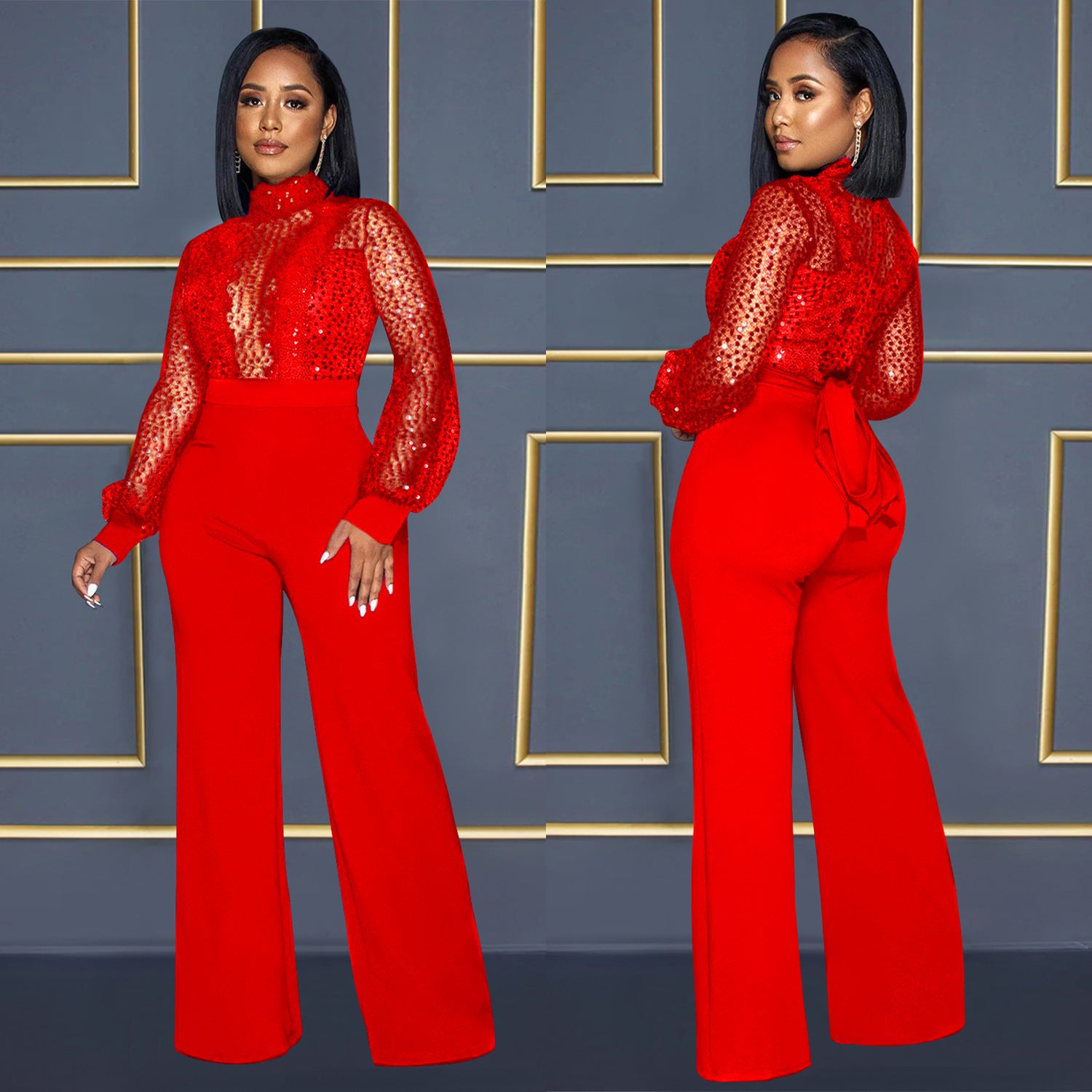 Chic Illusion Neck Sequin Sleeve Wide Leg Party Jumpsuit