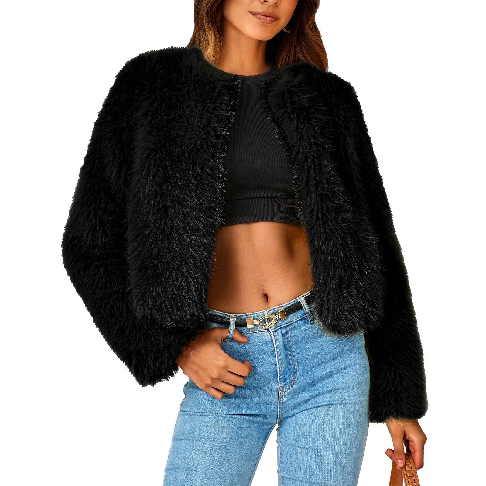Luxurious Faux Fur Crew Neck Jacket for Autumn and Winter Elegance