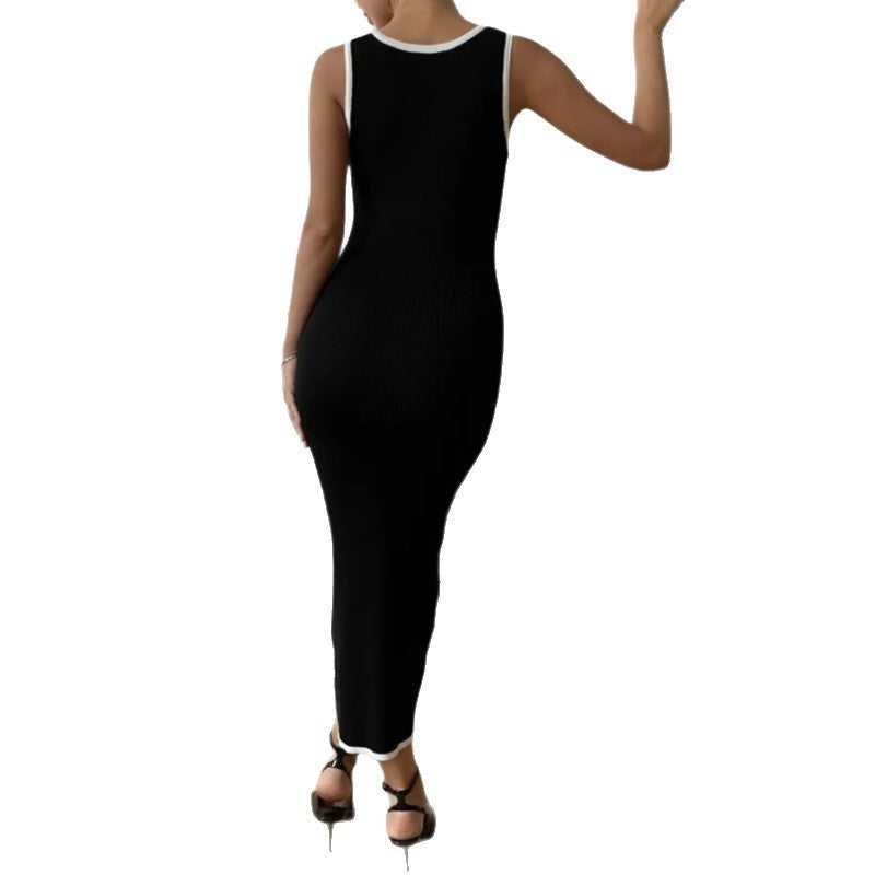 Sophisticated Knitted Midi Dress with Elegant Contrast Trim and Full Button Front