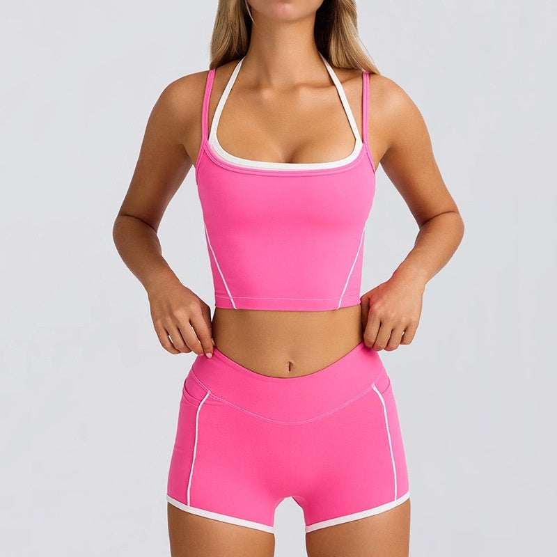 High Elastic Spaghetti Strap Crop Top and Shorts Fitness Activewear Set