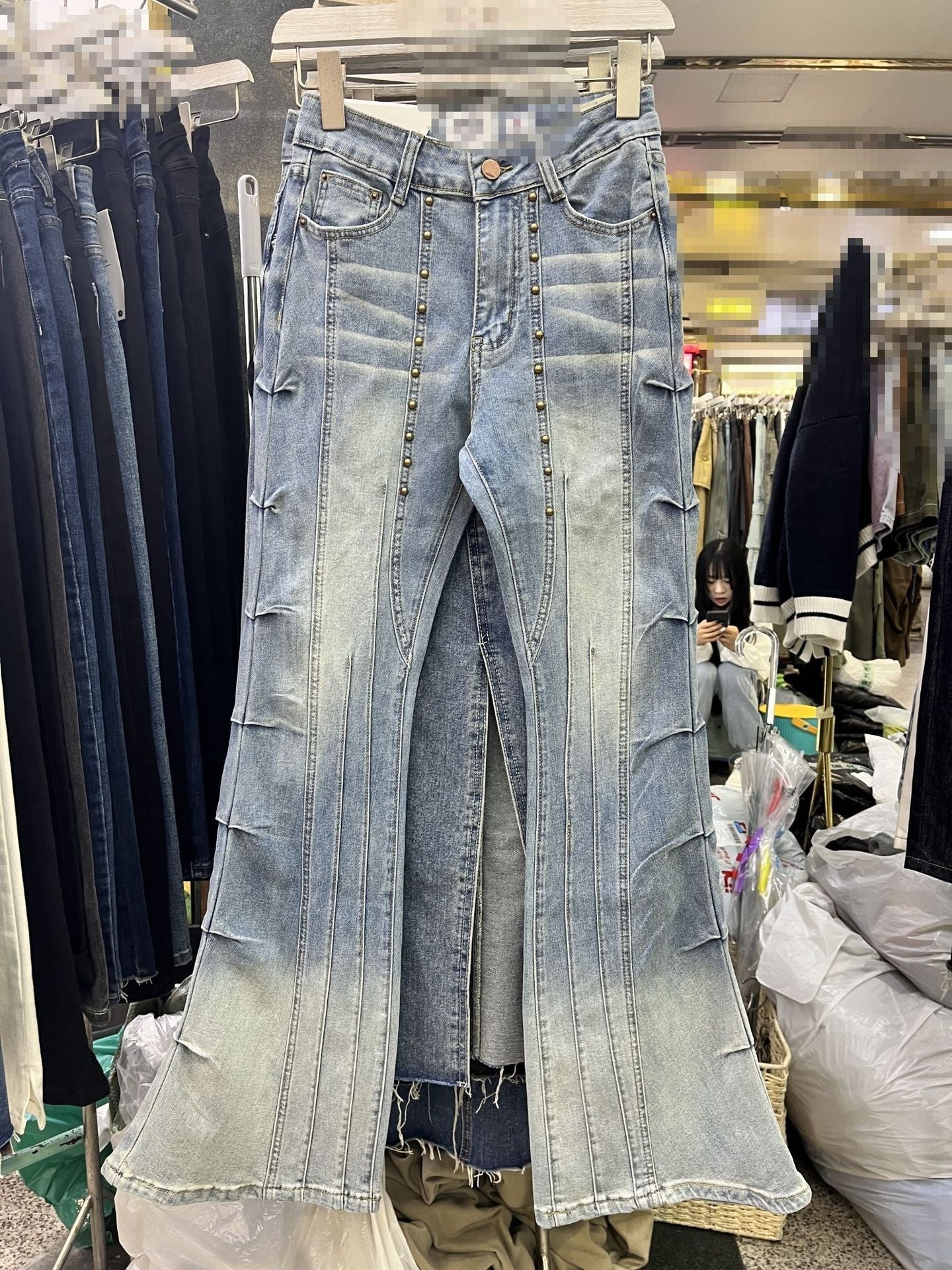 Retro Rivet High-Waist Flared Jeans - Street Style