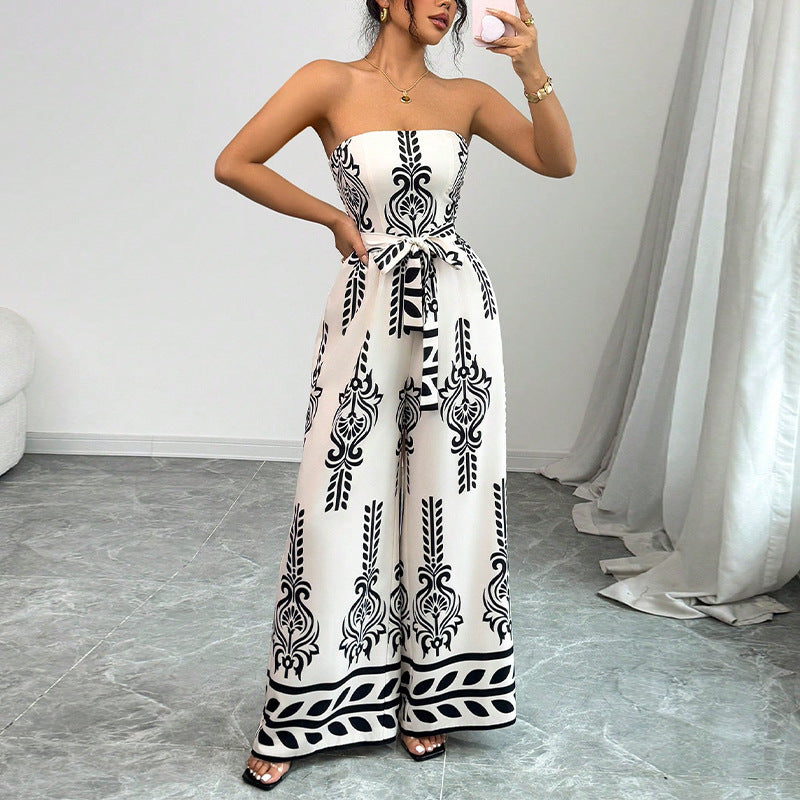 Elegant Women's Strapless Wide-Leg Jumpsuit with Bohemian Print