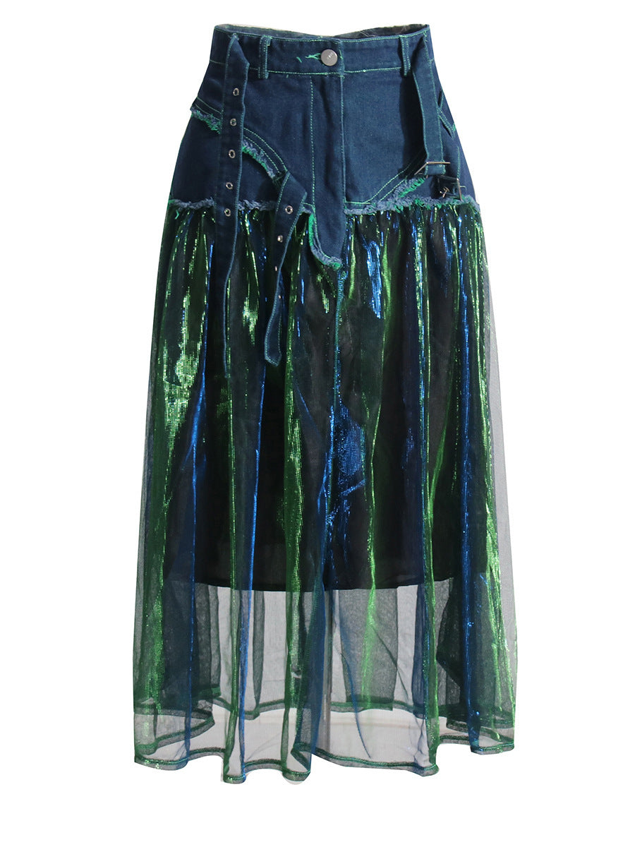 Fashion Forward Denim Tulle Midi Skirt with Adjustable Belted Waist