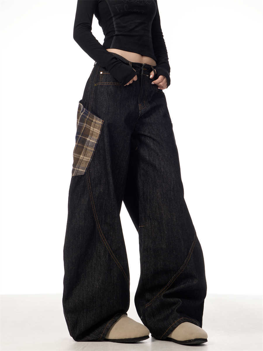 Retro Plaid Patch Wide-Leg Jeans for Women