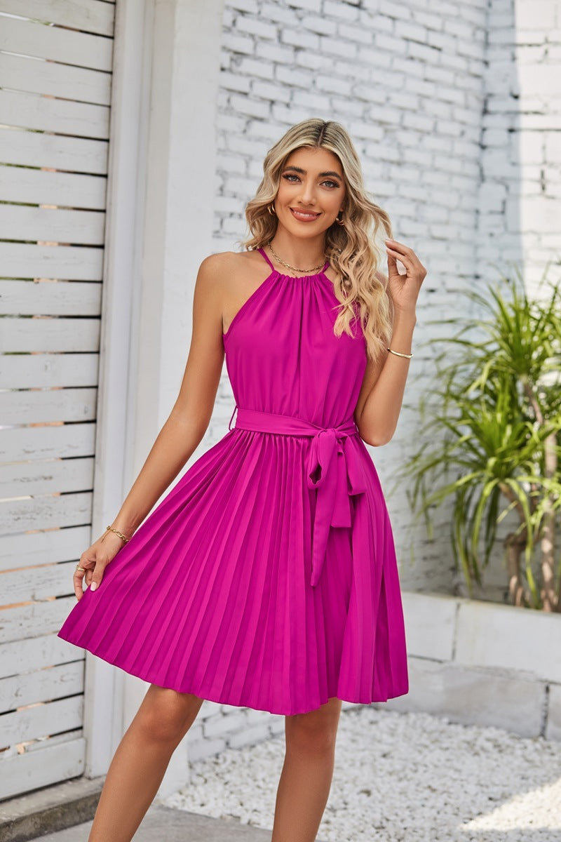 Women's Halter Pleated Dress - Lace-up Cocktail Mini