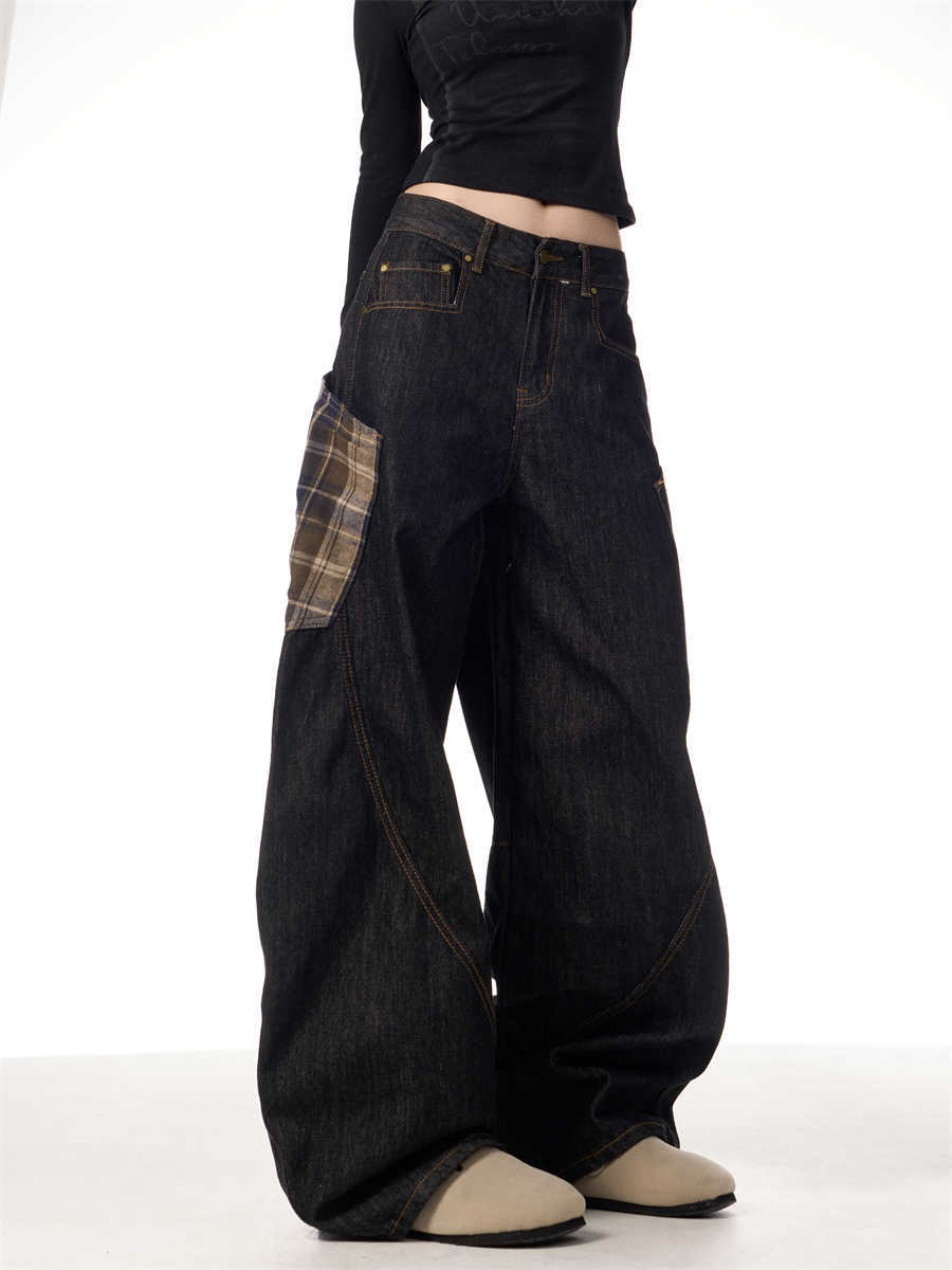 Retro Plaid Patch Wide-Leg Jeans for Women