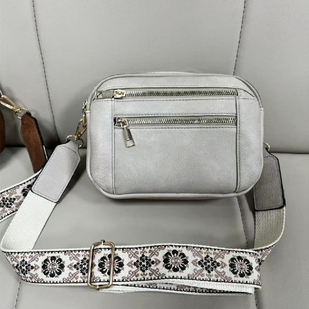 Chic Triple-Zipper Crossbody Bag with Floral Strap - Multi-functional