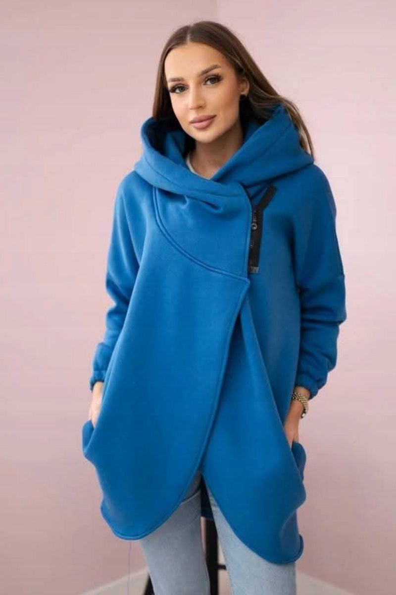 Cozy Fleece Asymmetrical Zip Hooded Casual Sweatshirt Jacket