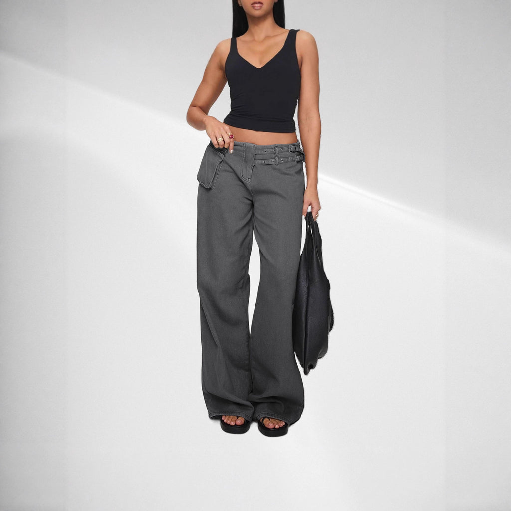 Trendy Street Style Wide Leg Jeans with Asymmetric Pocket and Unique Belt Detail