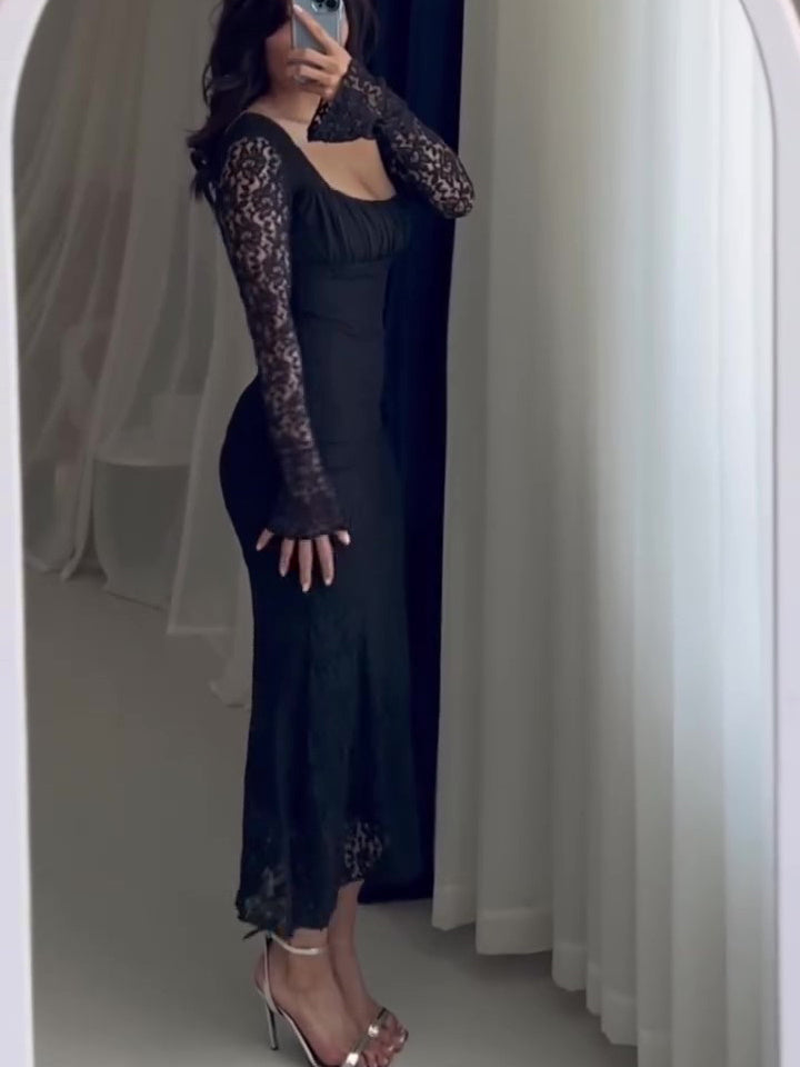 Women's Lace Bodycon Maxi Dress - Square Neck Party Gown