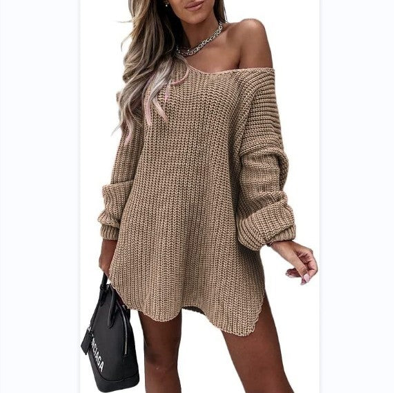 Comfortable Off-Shoulder Knitted Sweater Dress with Long Sleeves and V-Neck