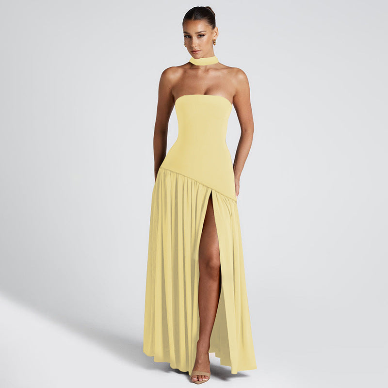Elegant Strapless Maxi Dress with High Slit and Flowing Ribbon Detail for Special Occasions