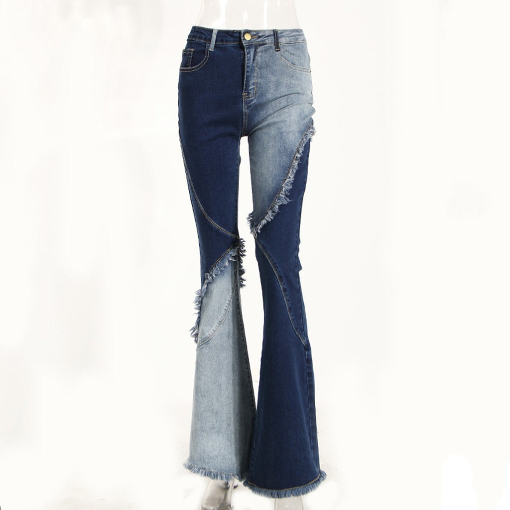 Two-Tone Flared Denim Jeans - High Waist Raw Edge