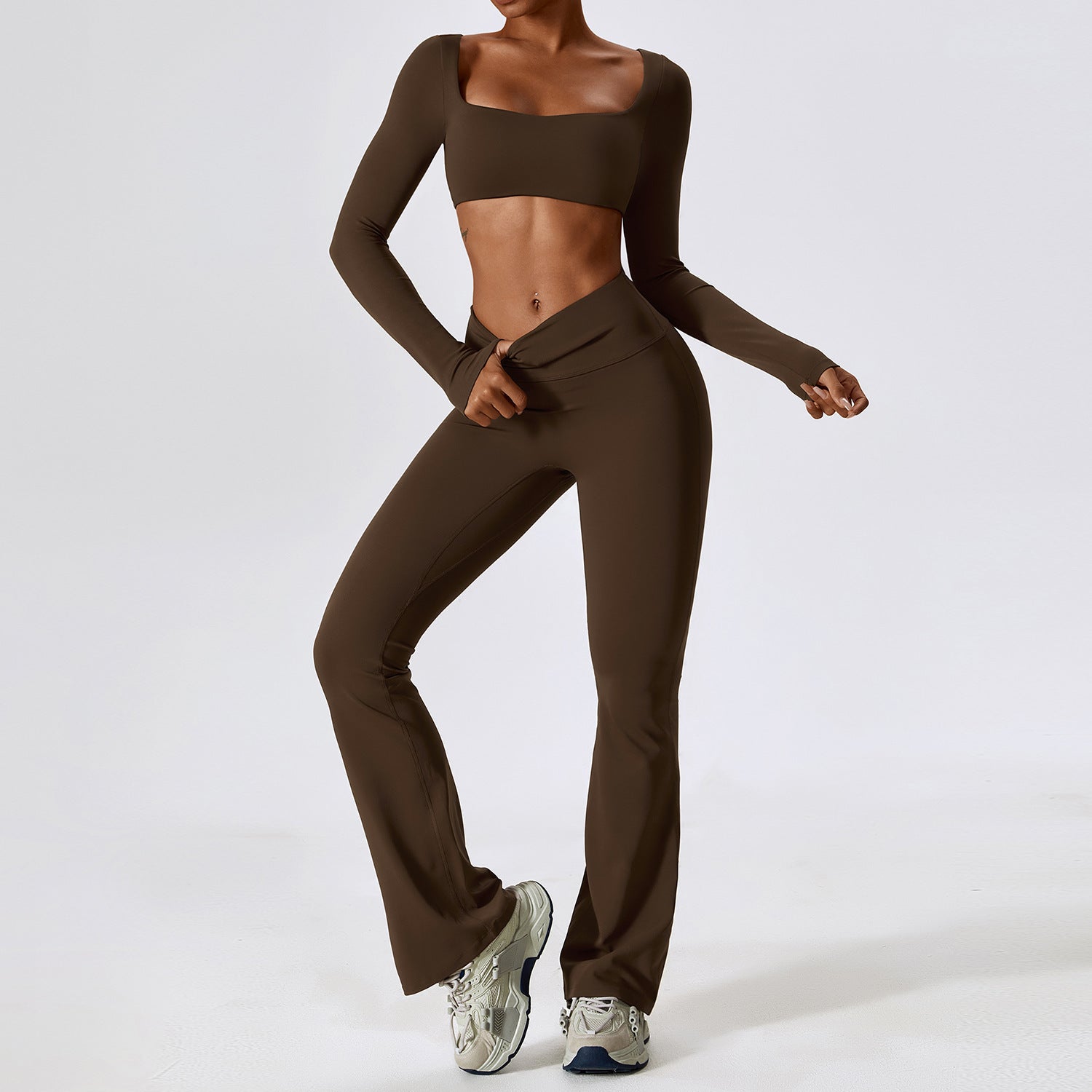 Nude Feel Long Sleeve Square Neck Crop Top and Flare Yoga Pants Activewear Set