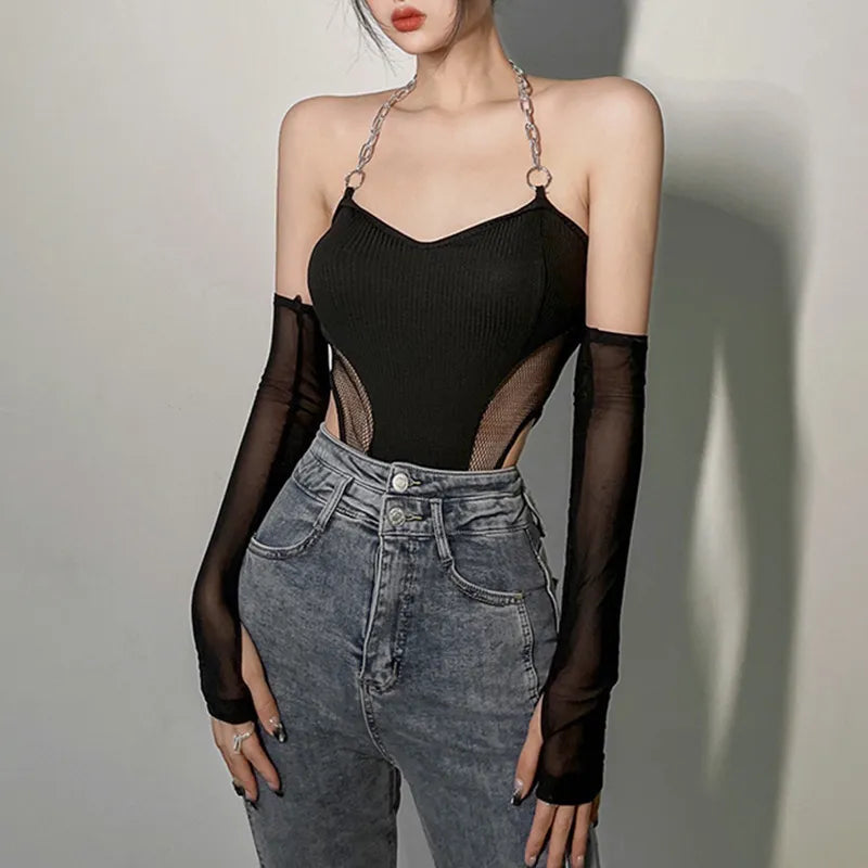 Sleek Black Chain Halter Bodysuit with Mesh Sleeves